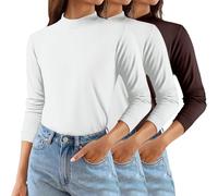Paquete de 3 camisetas de manga larga para mujer, cuello alto, elásticas, ajustadas, térmicas, de color sólido, suaves, cómodas, para invierno, capa base cálida, ligera, ropa térmica, 02#café, 5XL