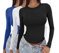 Paquete de 3 camisetas de manga larga para mujer, estilo Y2K, básicas, ajustadas, térmicas, ajustadas, para salir, cuello redondo, ajuste elástico, ropa de calle, 3 piezas, color liso, P, L