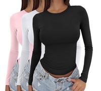 Paquete de 3 camisetas de manga larga para mujer, estilo Y2K, básicas, ajustadas, térmicas, ajustadas, para salir, cuello redondo, ajuste elástico, ropa de calle, 3 piezas, color liso, L, L