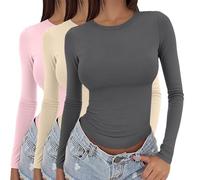 Paquete de 3 camisetas de manga larga para mujer, Y2K, ajustadas, elásticas, cuello redondo, básicas, informales, yoga, ropa deportiva, A02, M