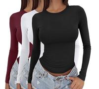 Paquete de 3 camisetas de manga larga para mujer Y2K ajuste ceñido elásticas cuello redondo básicas para superponer tops casuales yoga ropa deportiva A02, L