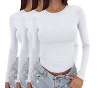 Paquete de 3 camisetas de manga larga para mujer, Y2K, ajuste ceñido, elásticas, cuello redondo, básicas, tops para capas, casuales, yoga, ropa deportiva, A02, M