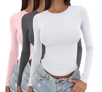 Paquete de 3 camisetas de manga larga para mujer Y2K ajuste ceñido elásticas cuello redondo básicas para superponer tops casuales yoga ropa deportiva A02, S