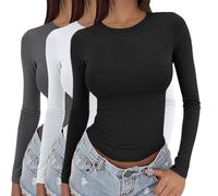 Paquete de 3 camisetas de manga larga para mujer Y2K ajuste ceñido elásticas cuello redondo básicas de capas tops casuales yoga ropa deportiva A02, XL