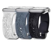Paquete de 3 correas grabadas de flores silvestres compatibles con Apple Watch Band de 46 mm, 40 mm, 38 mm, 41 mm, 44 mm, 42 mm, 45 mm, 49 mm, correa deportiva de silicona suave floral para iWatch