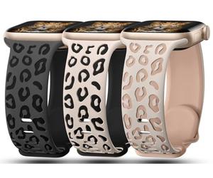 Paquete de 3 correas grabadas de leopardo compatibles con Apple Watch de 49mm, 45mm, 44mm, 42mm, correa deportiva de silicona suave en relieve de guepardo para iWatch Series 9, 8, 7, 6, 5, 4, 3, 2, 1,