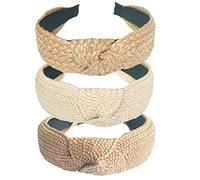 Paquete de 3 diademas de paja de ratán a la moda, diadema ancha bohemia, diadema de verano tejida bohemia, bandas para el cabello para mujer y niña, accesorios para el cabello (paquete de 3 anudados)
