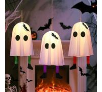 Paquete de 3 fantasmas colgantes brillantes de Halloween diseñados para decoración de patio, porche y patio al aire libre con múltiples modos de parpadeo para crear un ambiente espeluznante