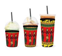 Paquete de 3 fundas reutilizables para café helado con motivos étnicos, tribales, africanos, negros, ciervos y elefantes. Funda aislante para bebidas frías y calientes. Fundas de neopreno antidesliza