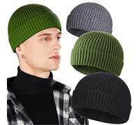 Paquete de 3 Gorros de Pescador de Lana para Hombre, Gorro de Punto Corto con puños, B-Negro, Gris, Verde Oscuro, Talla única