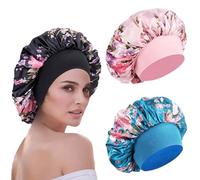 Paquete de 3 gorros de satén para dormir de noche con banda elástica ancha, envoltura de cabello de seda para dormir, Rosa, azul