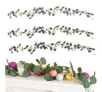 Paquete de 3 guirnaldas de Pascua con huevos moteados y hojas de eucalipto, vides florales verdes de primavera de 17 pies para barandilla de escalera y decoración de pared, decoraciones navideñas