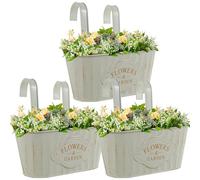 QINGLANG Paquete de 3 macetas colgantes para exteriores, valla de metal, hierro, para barandilla, balcón, jardín, decoración rústica con ganchos desmontables y agujero de drenaje (paquete de 3)