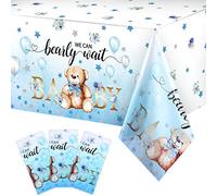 Paquete de 3 manteles de ducha de oso de plástico para bebé, mantel de mesa de oso que podemos esperar al bebé, oso azul globo estrella, flor para niños, fiesta de cumpleaños y baby shower, 54 x 108