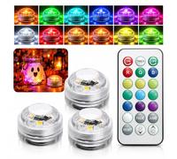 Paquete de 3 mini luces LED sumergibles RGB impermeables con control remoto | Pequeñas luces de té RGB de 16 colores, funciona con pilas, para piscinas, acuarios, estanques, fiestas, bodas, hoteles