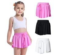 Paquete de 3 pantalones cortos fluidos 2 en 1 con falda de mariposa con bolsillos para baile, escuela, correr, gimnasio, fitness, dormir, negro, blanco y rosa, 10-12 años