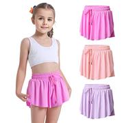 Paquete de 3 pantalones cortos fluidos 2 en 1 con falda de mariposa con bolsillos para baile, escuela, correr, gimnasio, fitness, dormir, Morado claro, rosa y rosa, 10-12 años