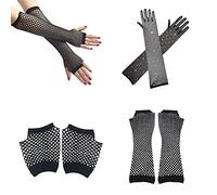 Paquete de 3 pares de guantes de rejilla largos y cortos, guantes vintage de malla sin dedos, guantes de rejilla elásticos de los años 80, guantes rejilla brillantes diamantes para fiestas temáticas