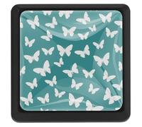 Paquete de 3 pomos de gabinete de fondo verde mar con mariposa con tornillos de montaje, pomos planos negros para cajones, pomos cuadrados de tocador, tiradores de cajón de un solo agujero, accesorios