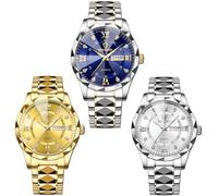 Paquete de 3 relojes de acero inoxidable para hombre de negocios, casual, analógico, cuarzo, impermeable, fecha luminosa, reloj cronógrafo de diamantes para hombre, Plateado, azul y dorado, Relojes de