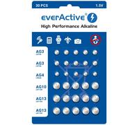 everActive Set 10 x AG3, 5 x AG4, 5 x AG 10, 10 x AG13 1,5 V, 30 x baterías, Pilas de botón, alcalinas, Mini, 3 años de duración, 30 Unidades - 1 blíster