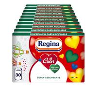 Paquete de 30 rollos de papel de cocina con diseño de reina de corazones. 50 hojas por rollo. Gran absorción, grueso y resistente. Papel 100% certificado FSC®.