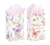 Paquete de 36 bolsas pequeñas de regalo de fiesta de mariposas con asas y 36 papel de seda rosa para cumpleaños, baby shower, bouqtiques, paquetes de cuidado, 9 x 5.5 x 3.15 pulgadas (2 diseños