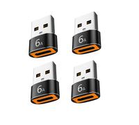 Paquete de 4 adaptadores USB-C a USB-A, aleación de aluminio negro, carga rápida PD 6A y transferencia de datos, doble acabado brillante.