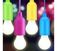 Paquete de 4 bombillas LED de color con cable de tirón, portátilfunciona con pilas lámpara de colgar en una cuerda ， bodas, barbacoas, decoración de jardín, blanco frío [Clase energética A+++]