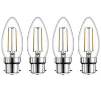 Paquete de 4 bombillas LED de vela de 2 W (20 W Eqv), bombillas de filamento transparente, casquillo de bayoneta B22 B22D, blanco cálido 2700 K, larga duración, encendido instantáneo, 210 lúmenes