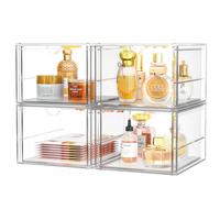 Paquete de 4 cajones de almacenamiento apilables, cajón acrílico para cosméticos, accesorios de escritorio transparentes, último modelo de almacenamiento a prueba de polvo para tocador, baño