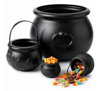 Paquete de 4 calderos de bruja mini y extra grande para Halloween, 7/14/20 cm, calderos de plástico negro, cubo de dulces con asa para bolsas de golosinas o trucos, regalos de fiesta, caldero, taza
