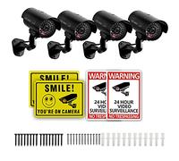 Paquete de 4 cámaras de seguridad falsas con señales de no traspasar, señales de advertencia y tornillos con texto en inglés "Smile You're On", cámaras simuladas con luz LED roja intermitente realista
