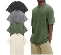 Paquete de 4 camisetas de gran tamaño para hombre, lavadas ácidas, vintage, pesadas, de algodón, tallas S-5XL, negro, gris, ejército, albaricoque, 3XL