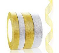 Paquete de 4 cintas de organza con purpurina dorada y plateada de 20 mm y 10 mm para envolver árboles de Navidad, manualidades, 4 x 22 m