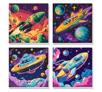 Paquete de 4 cohetes espaciales, pintura por números para niños principiantes con marco, planetas y estrellas, kit de pintura por números para adultos en lienzo, pigmento acrílico para decoración del