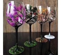Paquete de 4 copas de vino de árbol de las cuatro estaciones, copas de vino pintadas a mano, hojas de otoño, flores, copas de vino de colores para cócteles, regalo novedoso para cumpleaños, bodas, día