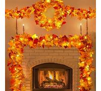 Paquete de 4 decoraciones de otoño para el hogar, decoraciones de Acción de Gracias, guirnalda de otoño iluminada, hojas de arce, total de 23.6 pies, 80 LED, funciona con pilas, guirnalda de luces