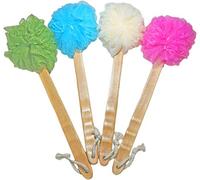 Paquete de 4 esponjas de ducha para cuerpo y espalda, cepillo exfoliante de luffa luffa en un palo, con mango largo de madera para hombres y mujeres, aplicador de jabón corporal y loción de fácil