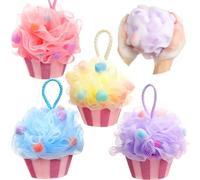 Paquete de 4 esponjas de lufa de dibujos animados para cupcakes, estropajos corporales de malla suave para baño y ducha, ideal para regalos y fiestas