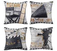 Paquete de 4 Fundas de Cojín Algodón Lino 40x40cm Película Vintage Hogar Decorativo Funda de Almohada Cuadrada Teatro Cine Película Funda de Almohada para Cafetería Sofá Cama Silla Sala de Estar