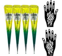 Paquete de 4 henna natural para tatuajes temporales con 2 plantillas. Cada cono contiene 25 g de pasta de henna para arte corporal, pintar, dibujar, tatuajes, pecas (marrón grisáceo)