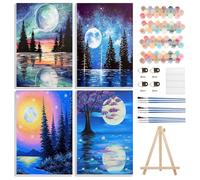 Paquete de 4 kits de pintura por números para adultos principiantes con lienzo enmarcado y caballete, kit de pintura por números, acrílico al óleo, kit de pintura de paisajes de montaña luna, artes y