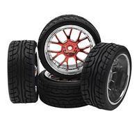 Paquete de 4 llantas de plástico hexagonales de 12 mm y neumáticos de goma de 2.6 pulgadas con espuma compatible con Traxxas Kyosho HPI Tamiya TT-01 TT-02 Sakura HSP 1/10 RC On-Road Touring Car (rojo)