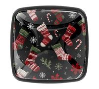 Paquete de 4 pomos cuadrados de cristal de 1.2 pulgadas, tiradores cuadrados de cristal con tornillos para cocina, baño, guardería, habitación de los niños (bonitos calcetines de Navidad, bastones de