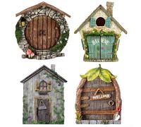 Paquete de 4 puertas de jardín de hadas en miniatura, puerta de cuento de hadas de madera para decoración de árbol de patio, manualidades de adorno para niños, decoración de jardín y exhibición de