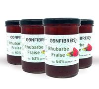 Paquete de 4 tarros de mermelada de fresa y ruibarbo 220 g - Fabricación tradicional en caldero de cobre y rico en frutas - Bretaña