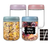 Paquete de 4 Tarros de Vidrio de 500ml con Tapas, Avena Durante la Noche, Aperitivos, Pudín, Yogur, Cereales, Ensalada, Preparación de Comidas, Control de Porciones, Cuencos Herméticos Con