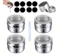 Paquete de 4 tarros magnéticos para especias con tapas, tarros de especias de acero inoxidable para nevera, juego de latas magnéticas de almacenamiento de especias con etiquetas de especias y