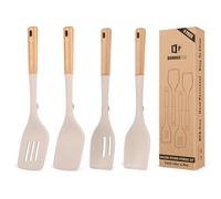 Paquete de 4 utensilios de cocina de silicona, no se pegan y cucharas ranuradas resistentes al calor con mango de madera, ideales para mezclar, servir, girar, remover (caqui)